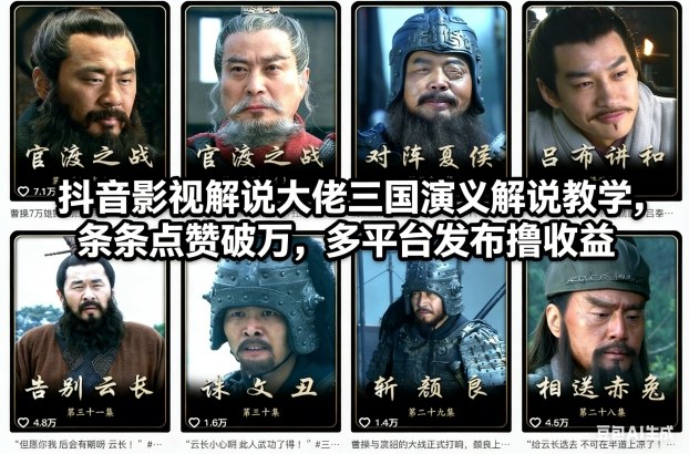 抖音影视解说大佬三国演义解说教学，条条点赞破万，多平台发布撸收益-第一资源库