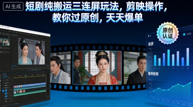 短剧纯搬运三连屏玩法，剪映操作，教你过原创，天天爆单-第一资源库