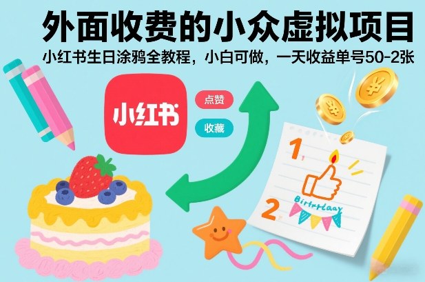 外面收费的小众虚拟项目，小红书生日涂鸦全教程，小白可做，一天收益单号50-2张-第一资源库