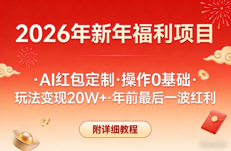 新年福利项目，AI红包定制，操作0基础，玩法变现20W+年前最后一波红利，附详细教程|淘骐网赚资源库