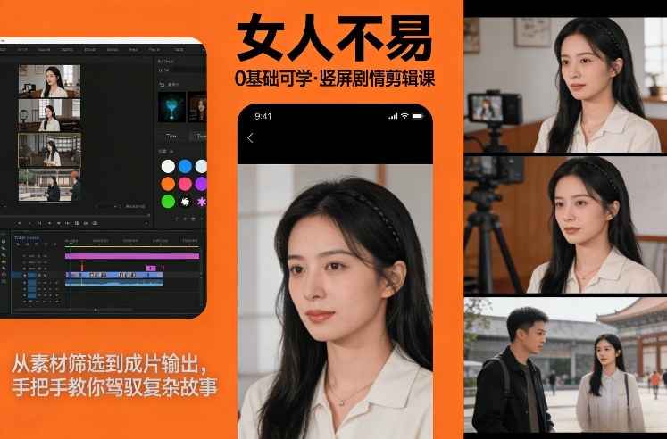 0基础可学!《女人不易》竖屏剧情剪辑课,从素材筛选到成片输出,手把手教你驾驭复杂故事|淘骐网赚资源库