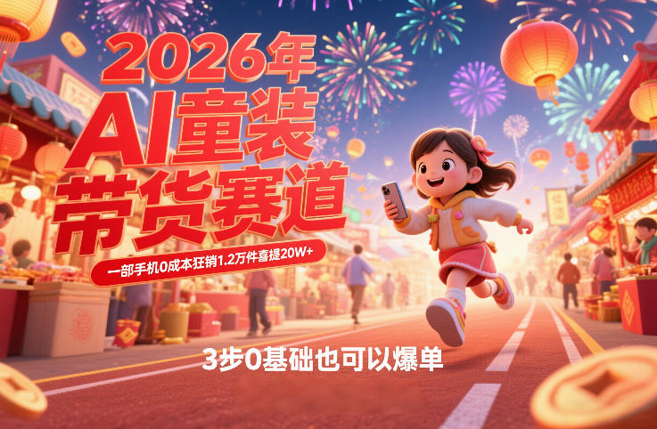 AI童装新春带货赛道,一部手机0成本狂销1.2万件喜提20W+,3步0基础也可以爆单|淘骐网赚资源库