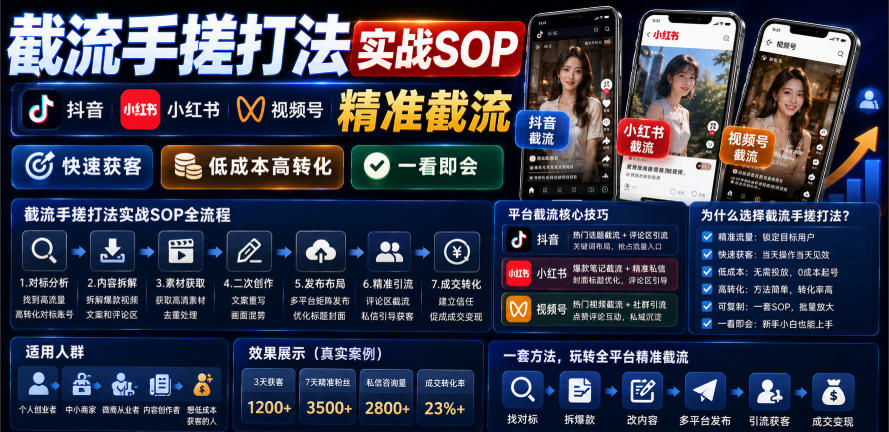 截流手搓打法实战SOP，抖音小红书视频号精准截流，快速获客，低成本高转化，一看即会|淘骐网赚资源库