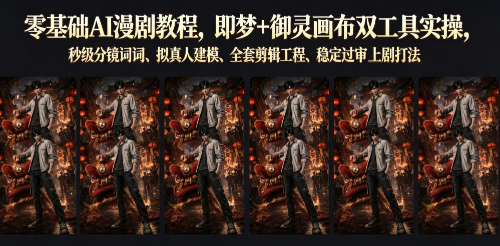 零基础AI漫剧教程，即梦+御灵画布双工具实操，秒级分镜提示词、拟真人建模、全套剪辑工程、稳定过审上剧打法|淘骐网赚资源库