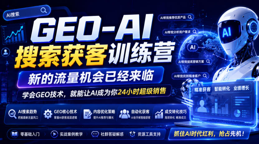 GEO-AI搜索获客训练营，新的流量机会已经来临，学会GEO技术，就能让AI成为你24小时超级销售|淘骐网赚资源库