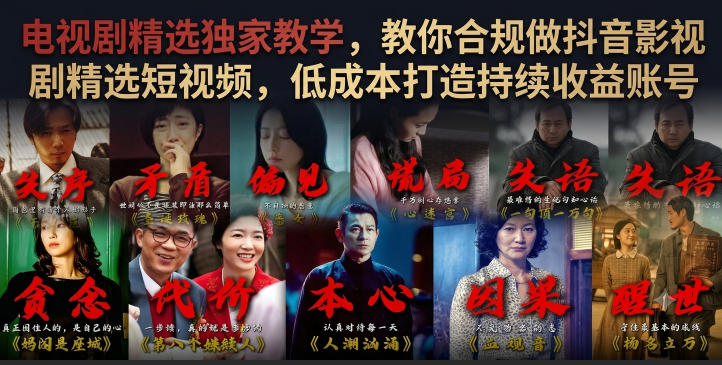 电视剧精选独家教学，教你合规做抖音影视剧精选短视频，低成本打造持续收益账号|淘骐网赚资源库