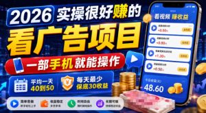 2026实操很好賺的看广告项目，一部手机就能操作，平均一天40到50，每天最少保底30收益【揭秘】|淘骐网赚资源库