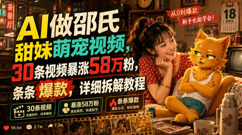AI做邵氏甜妹萌宠视频，30条视频暴涨58万粉，条条爆款，详细拆解教程|淘骐网赚资源库