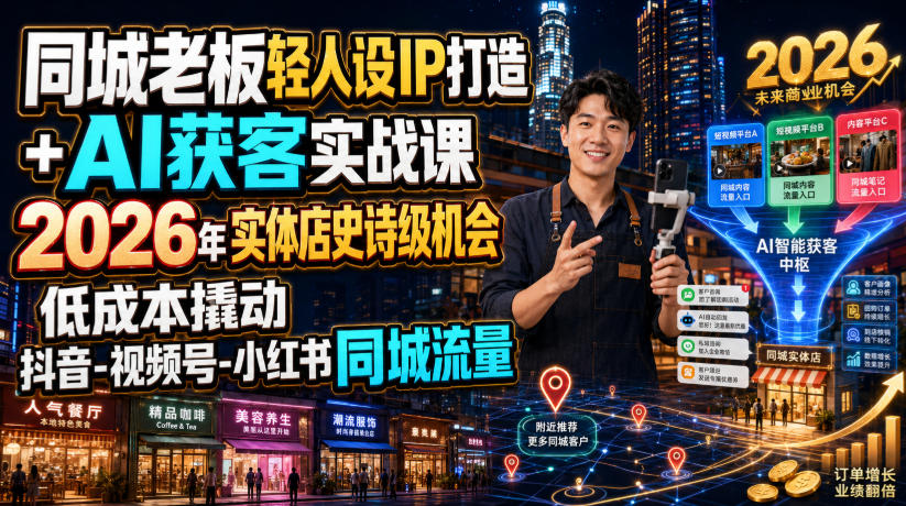 同城老板轻人设IP打造+AI获客实战课，2026年实体店史诗级机会，低成本撬动抖音-视频号-小红书同城流量|淘骐网赚资源库