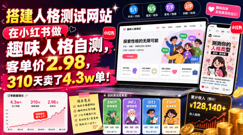 搭建人格测试网站在小红书做趣味人格自测，客单价2.98，310天卖了4.3w单！|淘骐网赚资源库