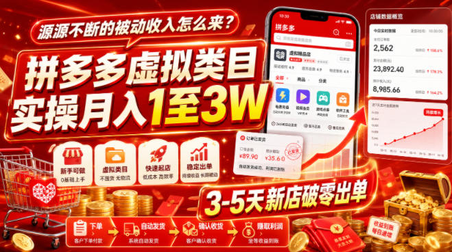 源源不断的被动收入怎么来？拼多多虚拟类目实操月入1至3W，3-5天新店破零出单|淘骐网赚资源库