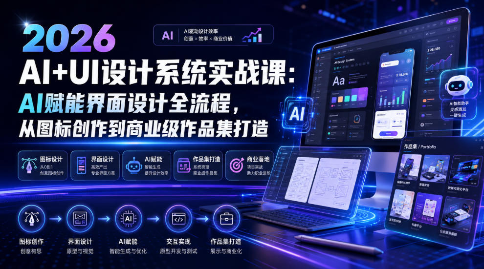 2026 AI+UI设计系统实战课：AI赋能界面设计全流程，从图标创作到商业级作品集打造|淘骐网赚资源库