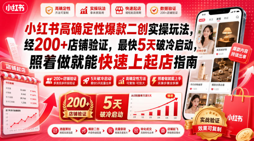 小红书高确定性爆款二创实操玩法，经200+店铺验证，最快5天破冷启动，照着做就能快速上起店指南|淘骐网赚资源库