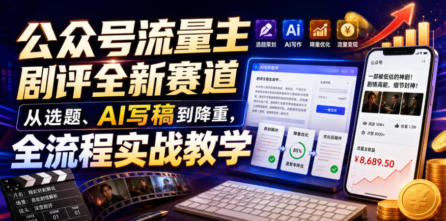 公众号流量主剧评全新赛道，从选题、AI写稿到降重，全流程实战教学|淘骐网赚资源库