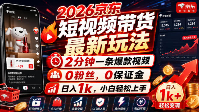 2026京东短视频带货最新玩法，2分钟一条爆款视频，0粉丝，0保证金，日入1k，小白轻松上手【揭秘】|淘骐网赚资源库