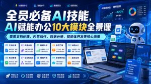 全员必备AI技能,AI赋能办公10大模块全景课,覆盖文档处理、内容创作、数据分析、智能体开发等核心场景|淘骐网赚资源库