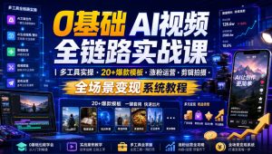 0基础AI视频全链路实战课|多工具实操・20+爆款模板・涨粉运营・剪辑拍摄・全场景变现系统教程|淘骐网赚资源库