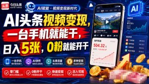AI头条视频变现,一台手机就能干,日入5张,0粉就能开干|淘骐网赚资源库