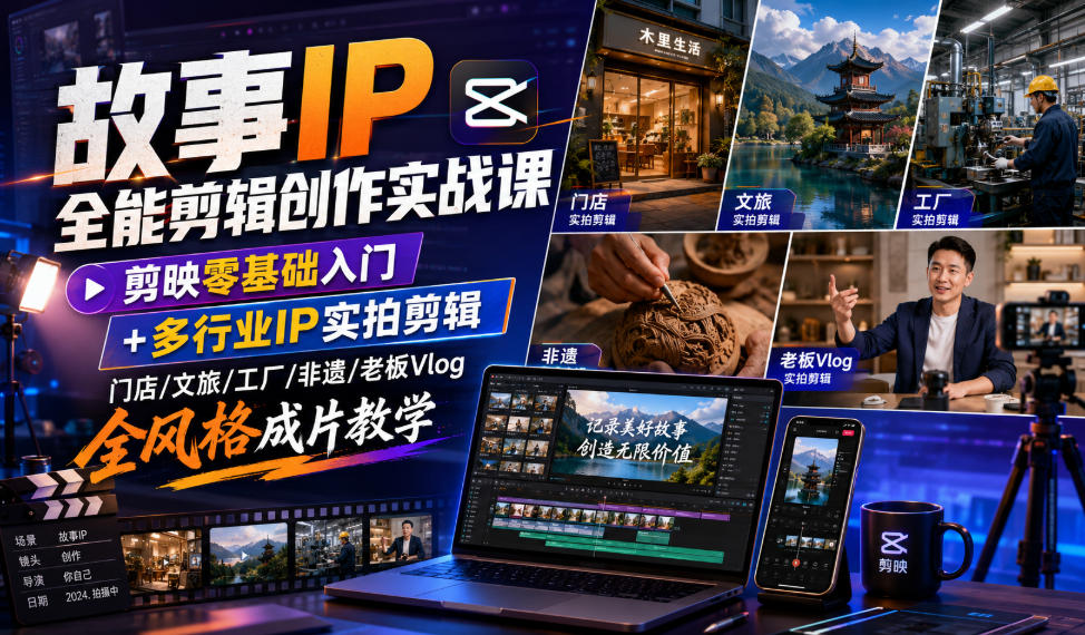 故事IP全能剪辑创作实战课｜剪映零基础入门+多行业IP实拍剪辑，门店/文旅/工厂/非遗/老板Vlog全风格成片教学|淘骐网赚资源库