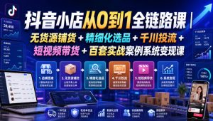 抖音小店从0到1全链路课｜无货源铺货+精细化选品+千川投流+短视频带货+百套实战案例系统变现课（2026年7月更新）|淘骐网赚资源库