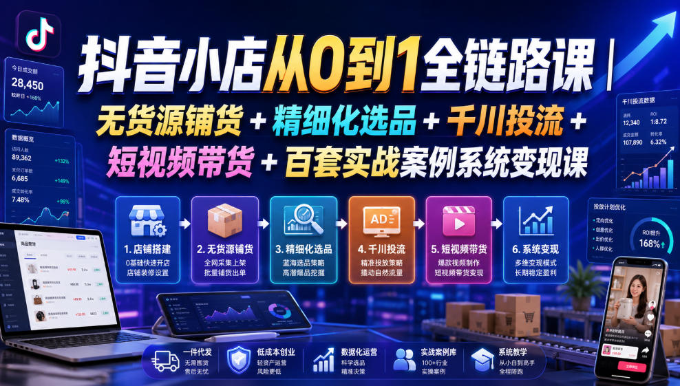 抖音小店从0到1全链路课｜无货源铺货+精细化选品+千川投流+短视频带货+百套实战案例系统变现课（2026年7月更新）|淘骐网赚资源库