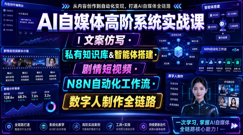 AI自媒体高阶系统实战课｜文案仿写・私有知识库&智能体搭建・剧情短视频・N8N自动化工作流・数字人制作全链路|淘骐网赚资源库