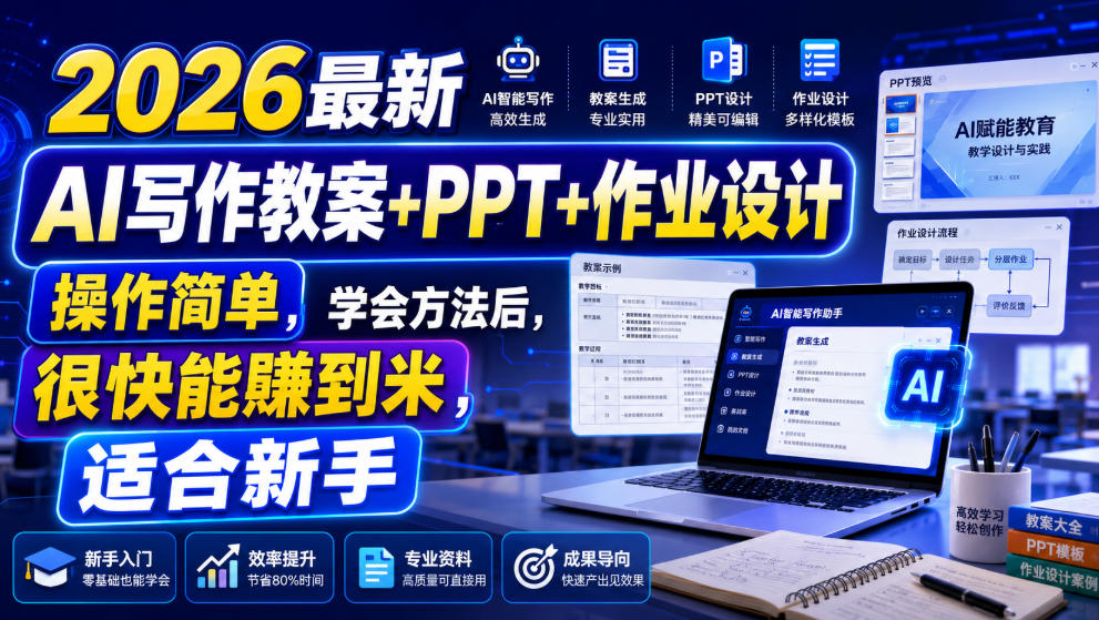 2026最新AI写作教案+PPT+作业设计，操作简单，学会方法后，很快能賺到米，适合新手|淘骐网赚资源库