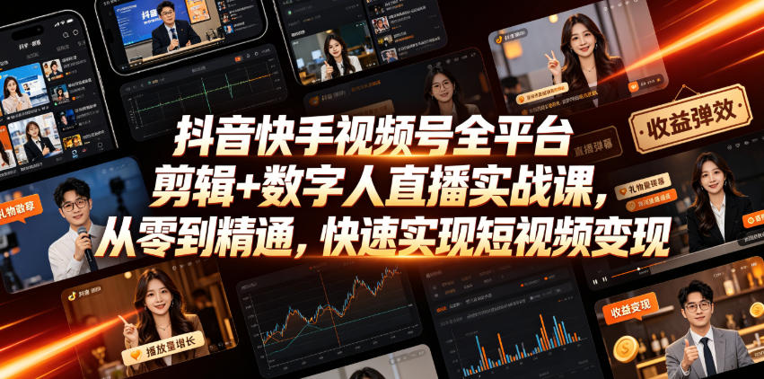 抖音快手视频号全平台剪辑+数字人直播实战课，从零到精通，快速实现短视频变现(更新2026年6月)​|淘骐网赚资源库