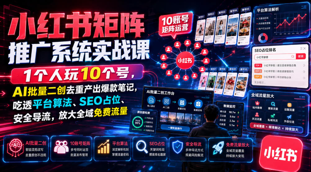 小红书矩阵推广系统实战课｜1个人玩10个号，AI批量二创去重产出爆款笔记，吃透平台算法、SEO占位、安全导流，放大全域免费流量|淘骐网赚资源库