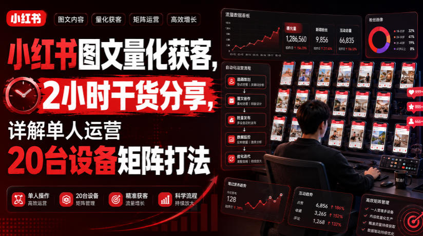 小红书图文量化获客，2小时干货分享，详解单人运营20台设备矩阵打法|淘骐网赚资源库