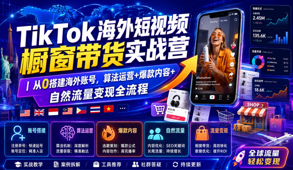 TikTok海外短视频橱窗带货实战营｜从0搭建海外账号，算法运营+爆款内容+自然流量变现全流程|淘骐网赚资源库