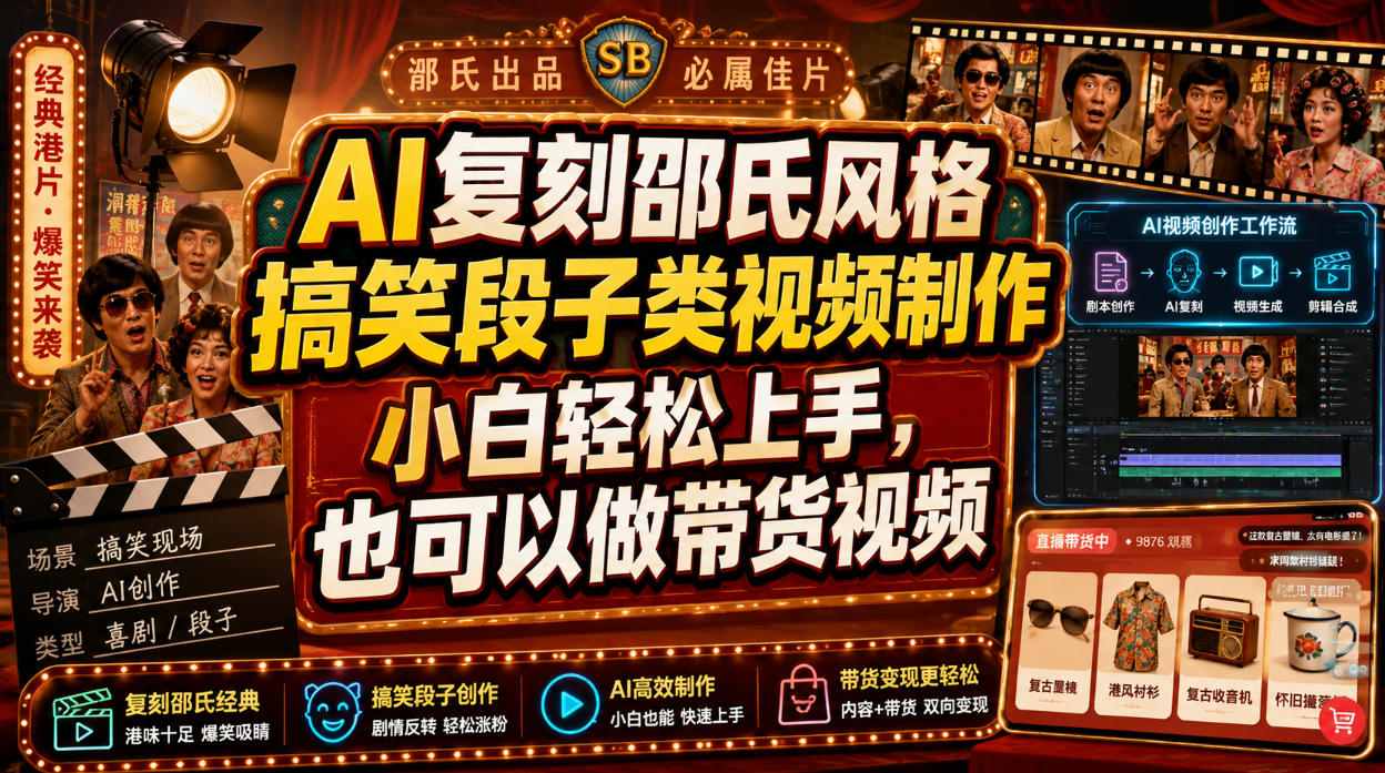 AI复刻邵氏风格搞笑段子类视频制作，小白轻松上手，也可以做带货视频|淘骐网赚资源库