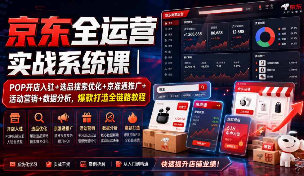 京东全运营实战系统课｜POP开店入驻+选品搜索优化+京准通推广+活动营销+数据分析，爆款打造全链路教程|淘骐网赚资源库