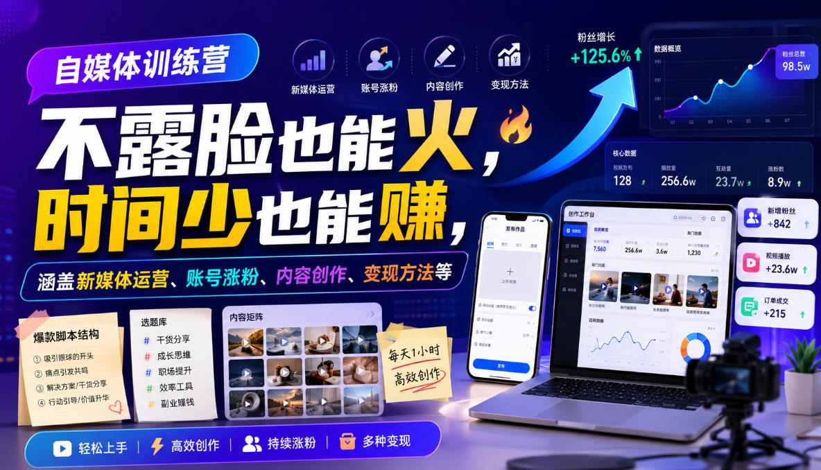 自媒体训练营，不露脸也能火，时间少也能賺，涵盖新媒体运营、账号涨粉、内容创作、变现方法等|淘骐网赚资源库