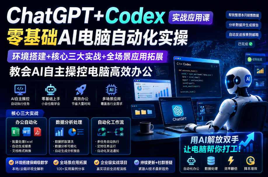 ChatGPT+Codex实战应用课｜零基础AI电脑自动化实操，环境搭建+核心三大实战+全场景应用拓展，教会AI自主操控电脑高效办公|淘骐网赚资源库