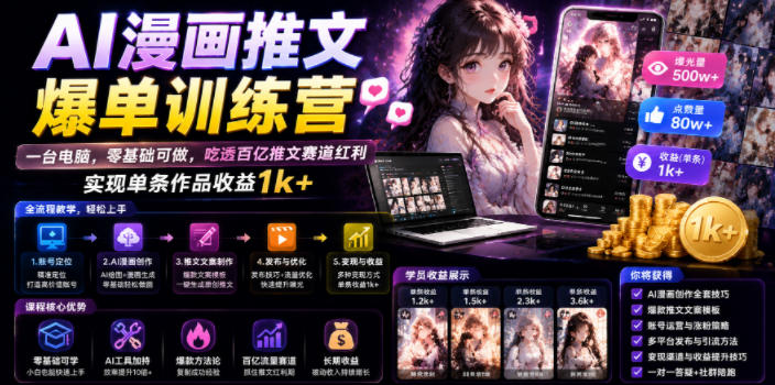 AI漫画推文爆单训练营，一台电脑，零基础可做，吃透百亿推文赛道红利，实现单条作品收益1k+|淘骐网赚资源库