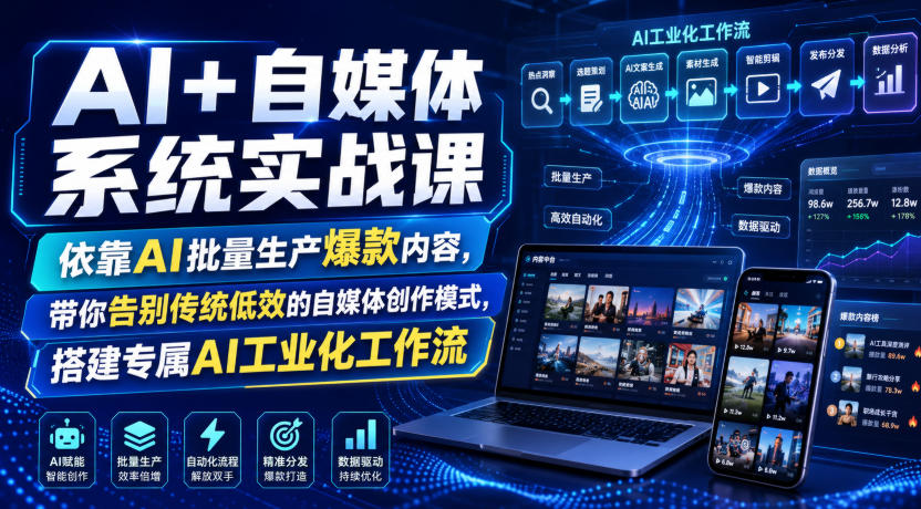AI+自媒体系统实战课，依靠AI批量生产爆款内容，带你告别传统低效的自媒体创作模式，搭建专属AI工业化工作流|淘骐网赚资源库
