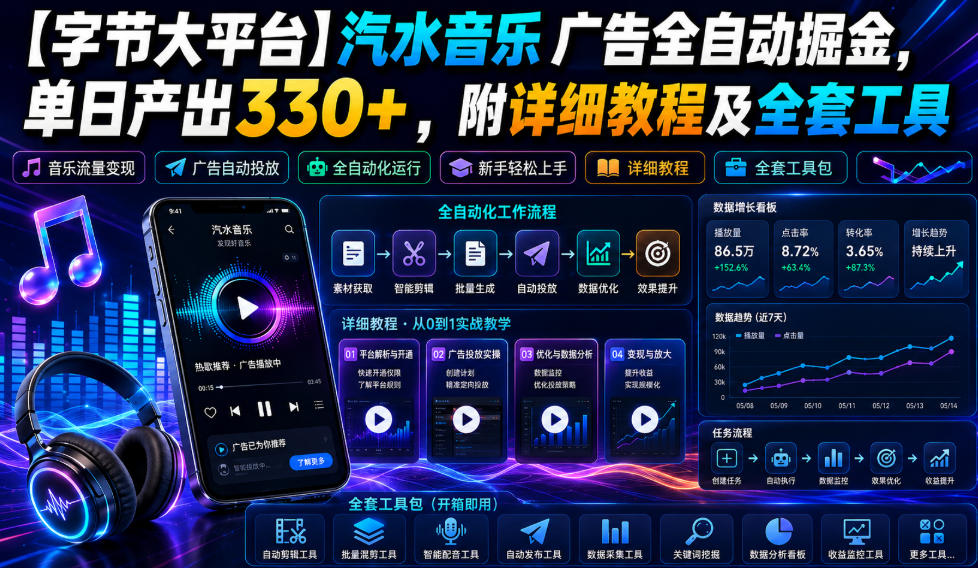 【字节大平台】汽水音乐广告全自动掘金，单日产出330+，附详细教程及全套工具【揭秘】|淘骐网赚资源库