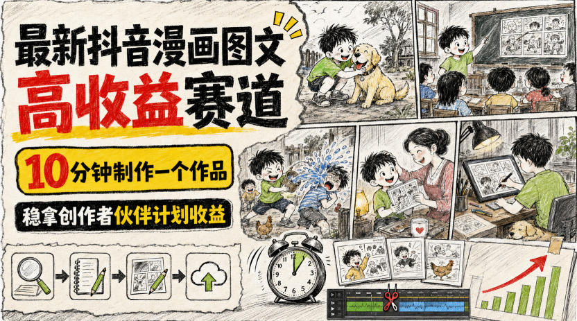 最新抖音漫画图文高收益赛道，10分钟制作一个作品，稳拿创作者伙伴计划收益|淘骐网赚资源库