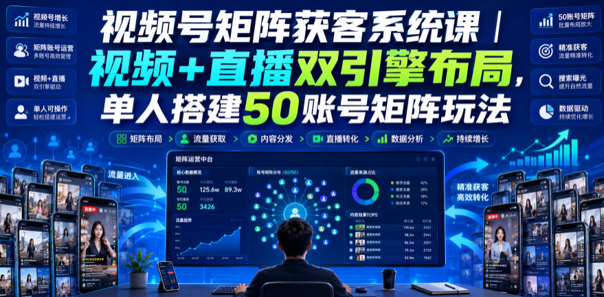 视频号矩阵获客系统课｜视频+直播双引擎布局，单人搭建50账号矩阵玩法，流量入池、搜索占位、全域引流沉淀私域全流程教学|淘骐网赚资源库