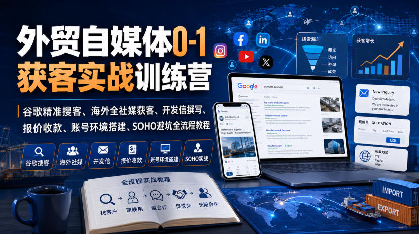 外贸自媒体0-1获客实战训练营｜谷歌精准搜客、海外全社媒获客、开发信撰写、报价收款、账号环境搭建、SOHO避坑全流程教程（更新）|淘骐网赚资源库