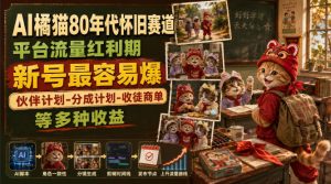 AI橘猫80年代怀旧赛道,平台流量红利期,新号最容易爆,伙伴计划-分成计划-收徒商单等多种收益|淘骐网赚资源库