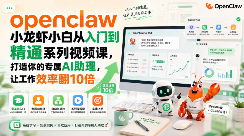 openclaw小龙虾小白从入门到精通系列视频课，打造你的专属AI助理，让工作效率翻10倍|淘骐网赚资源库
