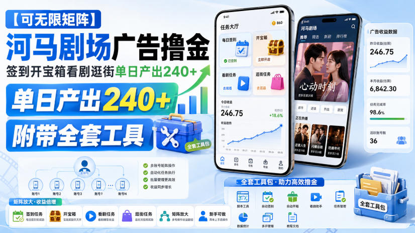 【可无限矩阵】河马剧场广告撸金，签到开宝箱看剧逛街单日产出240+，附带全套工具【揭秘】|淘骐网赚资源库
