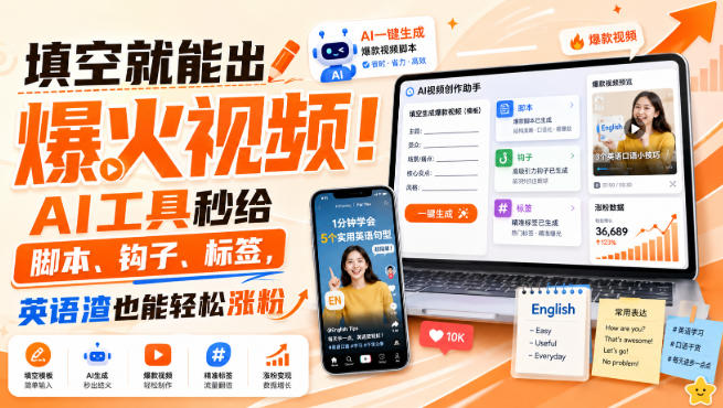填空就能出爆火视频！AI工具秒给脚本、钩子、标签，英语渣也能轻松涨粉【原创双语字幕】|淘骐网赚资源库
