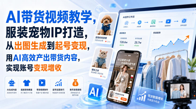AI带货视频教学，服装宠物IP打造，从出图生成到起号变现，用AI高效产出带货内容，实现账号变现增收|淘骐网赚资源库