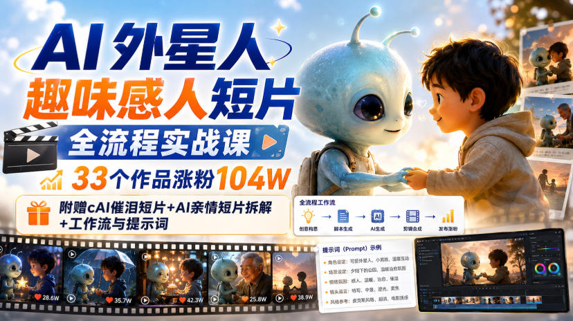 AI外星人趣味感人短片全流程实战课，33个作品涨粉104W，附赠AI催泪短片+AI亲情短片拆解+工作流与提示词|淘骐网赚资源库