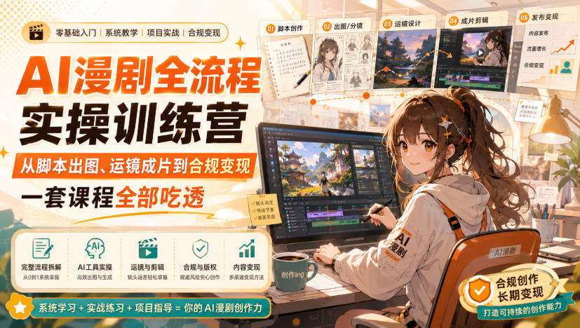 AI漫剧全流程实操训练营，从脚本出图、运镜成片到合规变现，一套课程全部吃透|淘骐网赚资源库
