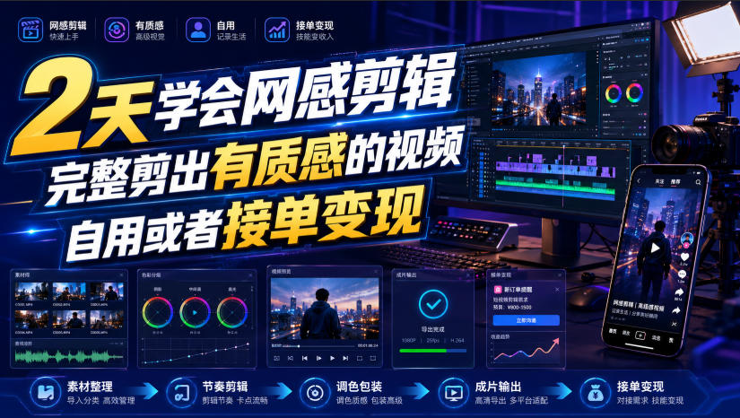 2天学会网感剪辑，完整剪出有质感的视频，自用或者接单变现|淘骐网赚资源库