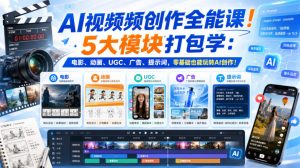 AI视频频创作全能课!5大模块打包学:电影、动画、UGC、广告、提示词,零基础也能玩转AI创作!【原创双语字幕】|淘骐网赚资源库